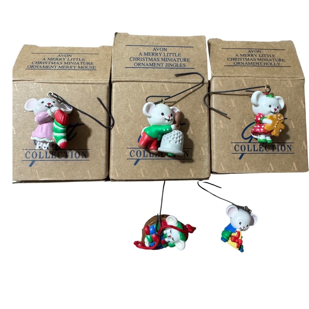Vintage Avon Merry Little Christmas Mouse Ornaments Lot 5 w/ 3 Boxes